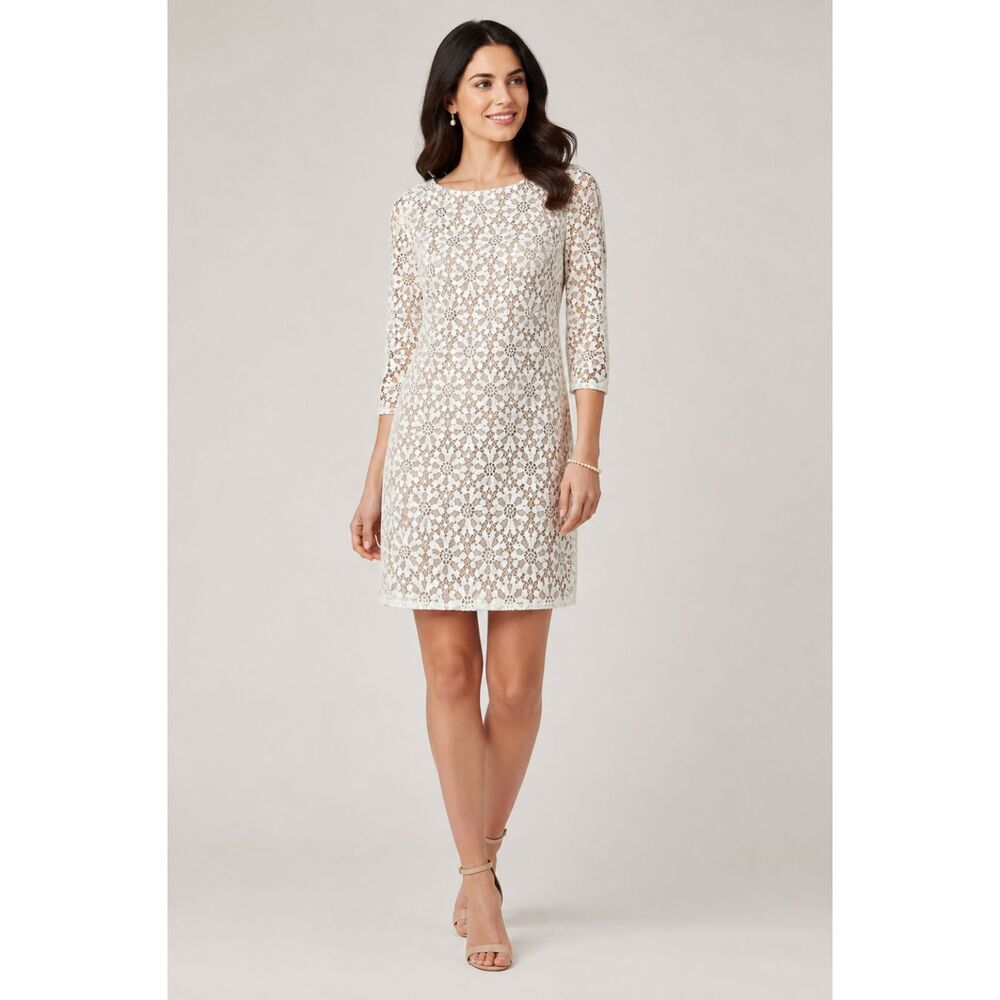 Eliza J Ivory Lace Shift Dress Womens 8 Floral 3/4 Sleeve Crochet Overlay EUC N3